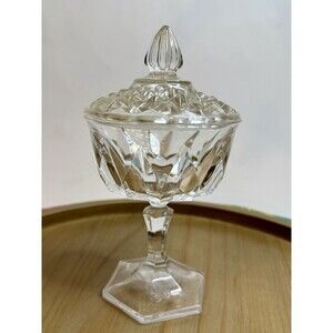 Vintage Clear Cut Crystal Lidded Candy Dish Pedestal Compote 8” Diamond Pattern
